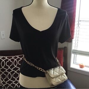 (L) vintage y2k black ribbed ss v neck tee euc